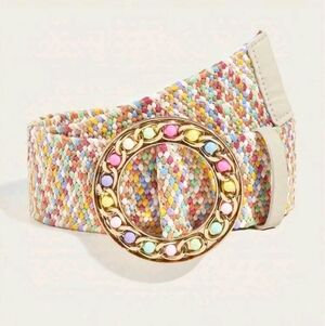 Boho Confetti Multicolor Woven Belt with Gold Round Buckle